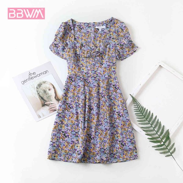 

women's summer small fresh square collar puff sleeve dress chic print chiffon loose in dress female 210507, Black;gray