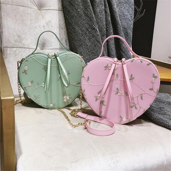 

evening bags ins floral embroidery handbag purse shoulder bag heart shaped leather chain messenger crossbody clutch small