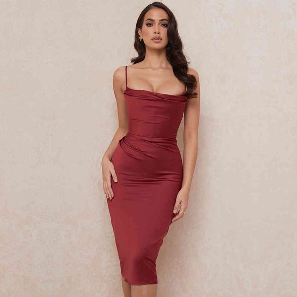 Winter Frauen Spaghetti Strap Club Party Kleid Sexy Ärmellose Wein Rot Midi Promi Abend Runway Sling 210423