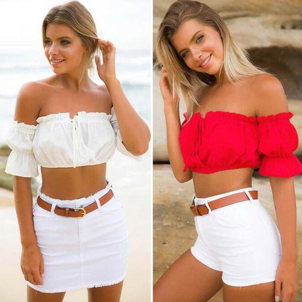 

women's t-shirt summer sleeveless ruffled ultra short vest shirt crop s-xl, White