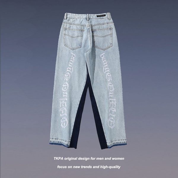 

jeans tkpa high street contrast embroidery letter straight men's and women's loose fashion brand pants, Blue