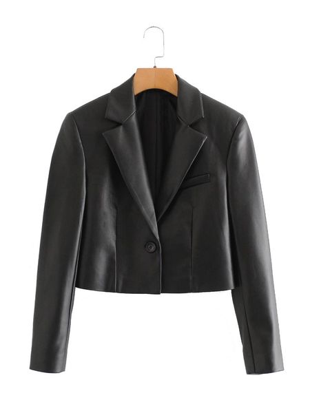 

women's faux leather short jackets button pu coat turn-down &, Black