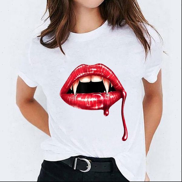 

printing scary teeth funny halloween womens t shirt 90s print graphic tee, White