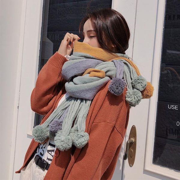 

scarves arrival autumn and winter korean warm comfortable fashion scarf thick solid temperamental cute hair balls outdoor shawl, Blue;gray