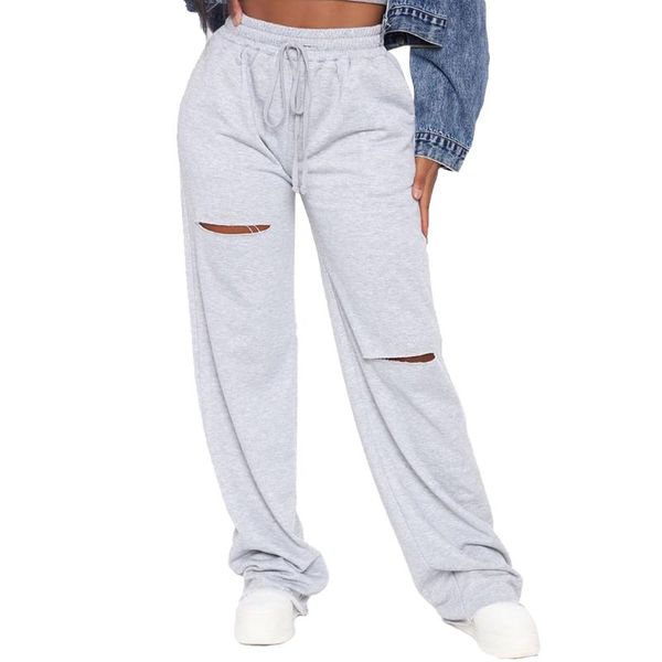

women fashion baggy sport wide leg pants joggers sweatpants casual high waist drawstring solid hole straight trousers yoga outfit