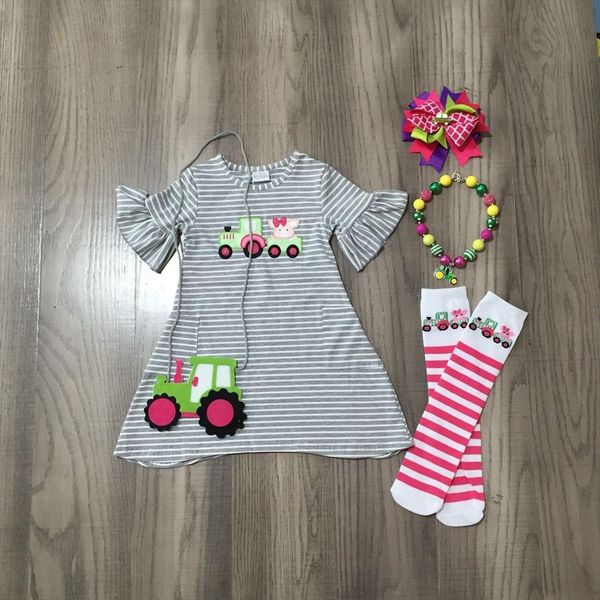 

summer girl grey stripe dress short sleeve tractor pig embroidered with sock, purse, bow and necklace, Red;yellow