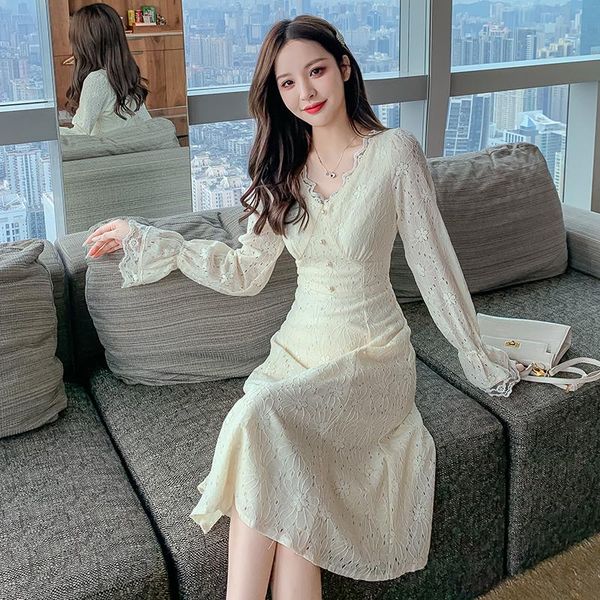 

casual dresses women one piece korea dress autumn 2021 office lady french style long sleeve solid lace high waist v-neck apricot, Black;gray