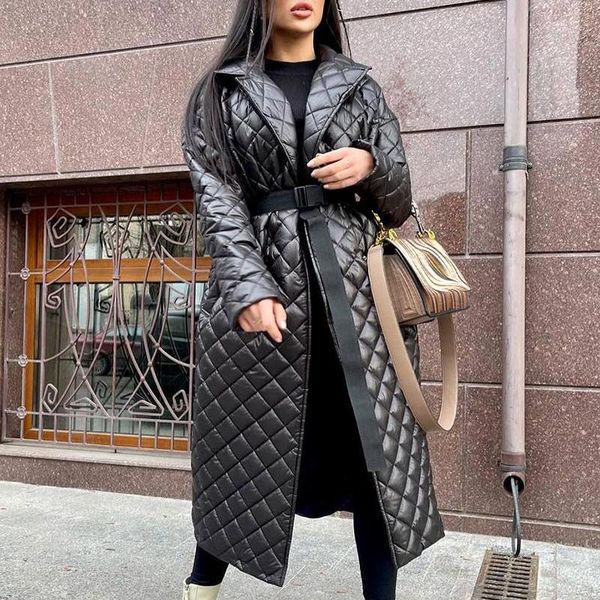 

fashion long argyle turn down collar parkas women elegant tie belt coats casual loose pockets cotton jackets ladies women's &, Black