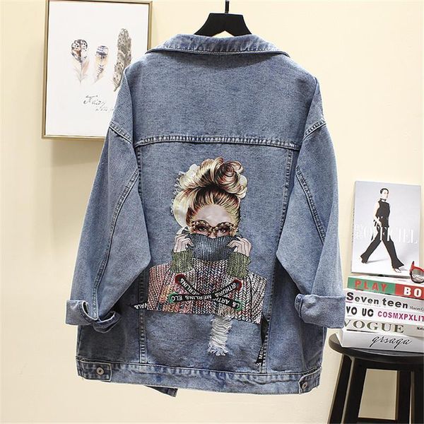 

women's jackets fashion women harajuku hole denim jacket spring autumn printted rivet jeans ladies chic loose bf chaqueta mujer, Black;brown