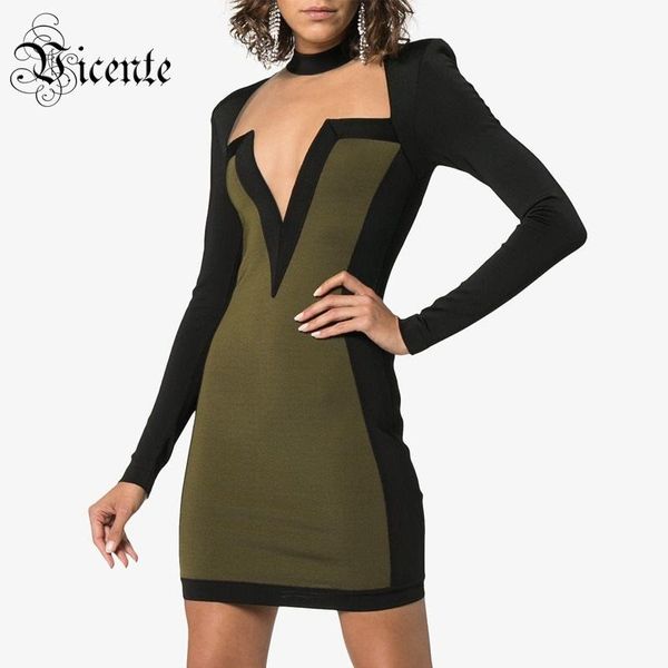 

casual dresses vc trendy color block design long sleeves mesh splicing celebrity party club bandage dress, Black;gray