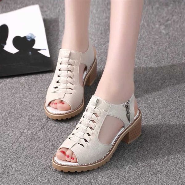 

classic luxury designer new women's sandals 2022 summer thick with heel hollow roman zipper shoes elling, Black