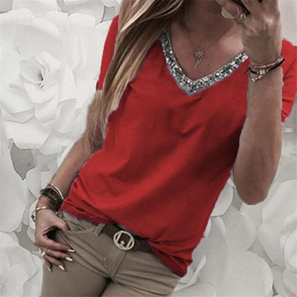 

women's t-shirt 2021 fashion red women tshirts casual spring summer short sleeve sequin v neck t shirt stylish solid loose pullover, White
