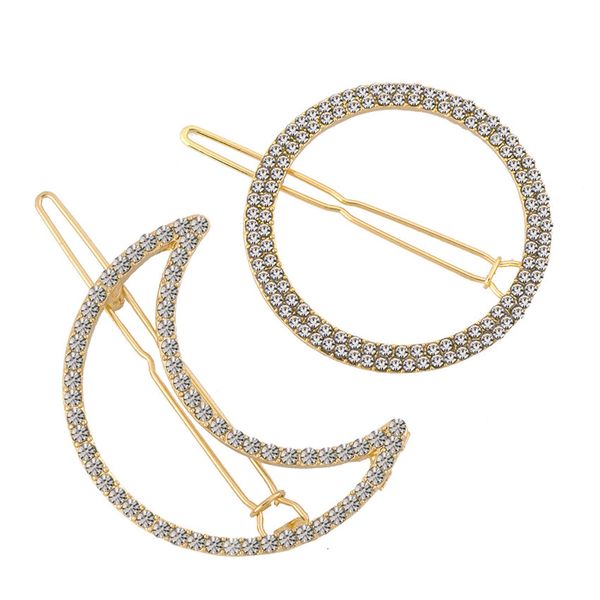 

a1572 accessories simple alloy geometric hair ornament moon round hairpin with diamond clip edge clip, Golden;silver