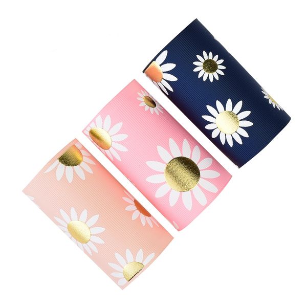 

50yards 75mm gold foil ink chrysanthemum sunflower grosgrain ribbon for diy accessories welcome custom printed, Pink;blue