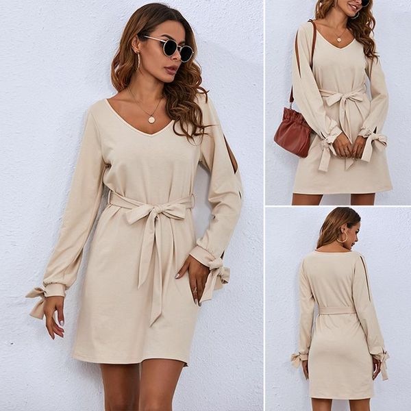 

casual dresses women's pure color elegant office hedging long sleeve dress apricot, Black;gray