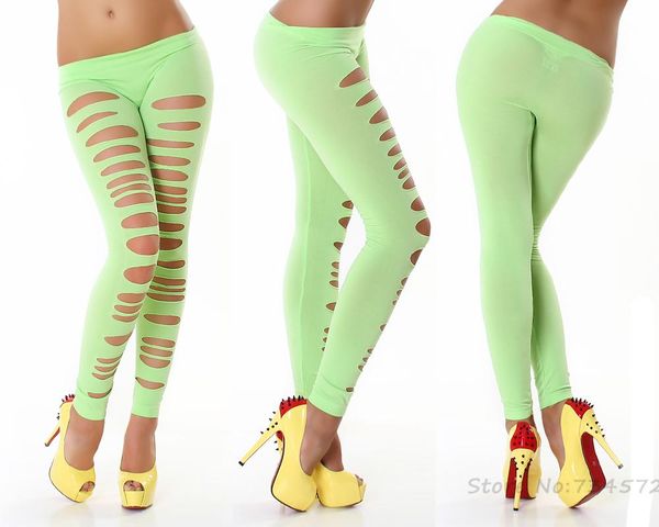 

women's leggings hollow hole skinny candy color stretchy pants fluorescent for women l-66, Black
