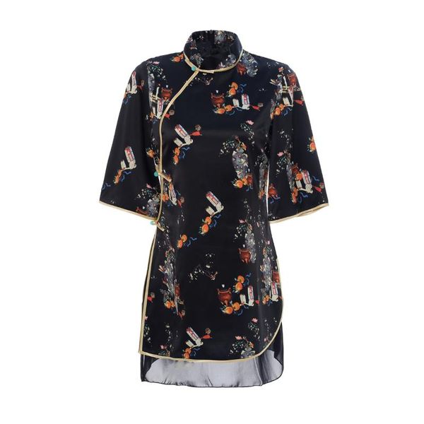 

shanghai story 3/4 sleeve chinese floral qipao loose chiffon cheongsam dress ethnic clothing, Red