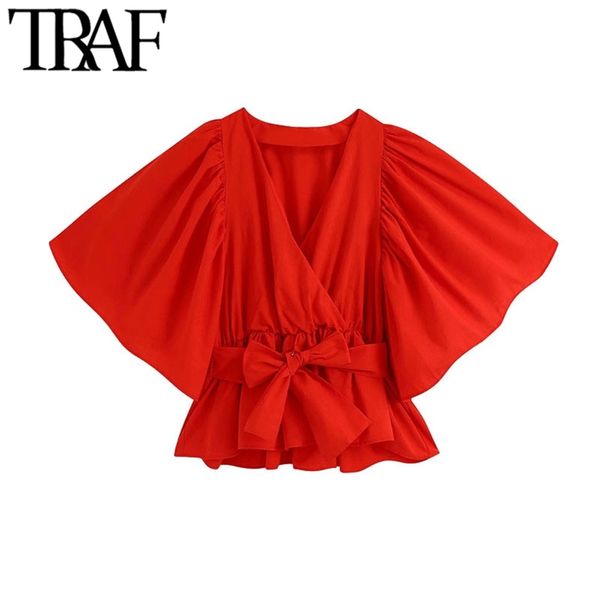 

traf women fashion with bow tied elastic trims blouses vintage v neck short sleeve female shirts blusas chic 210730, White