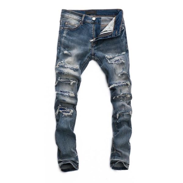 

men's jeans fashion slim denim trousers elastic straight grey hole pants, Blue