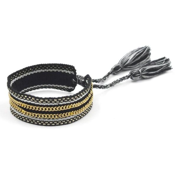 

link, chain design handmade friendship woven bracelet for women braided vintage embroidery tassel adjustable, Black