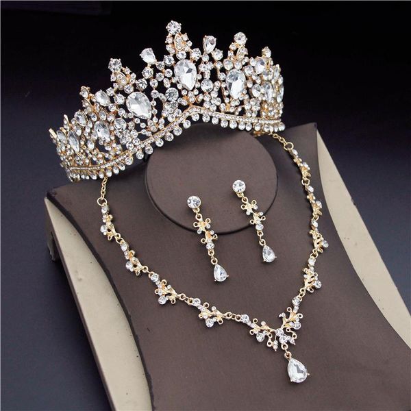 Ohrringe Halskette Barock Kristall Gold Brautschmuck Sets Für Frauen Mode Tiaras Halsketten Set Krone Hochzeit Schmuck