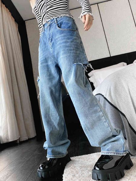

women's jeans vintage torn female jeans high-waist casual streetwear spring long baggy pants versatile blue denim fpya