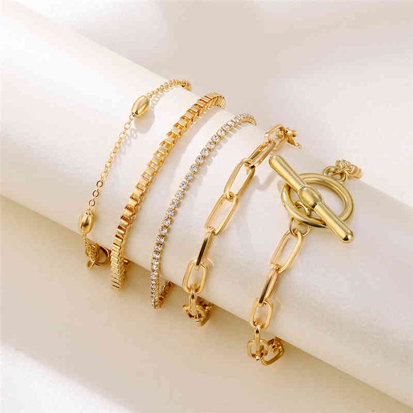 

retro ot buckle lock crystal bracelet femme gold color boho fashion charm chain bracelets set for women punk jewelry bangles, Golden;silver
