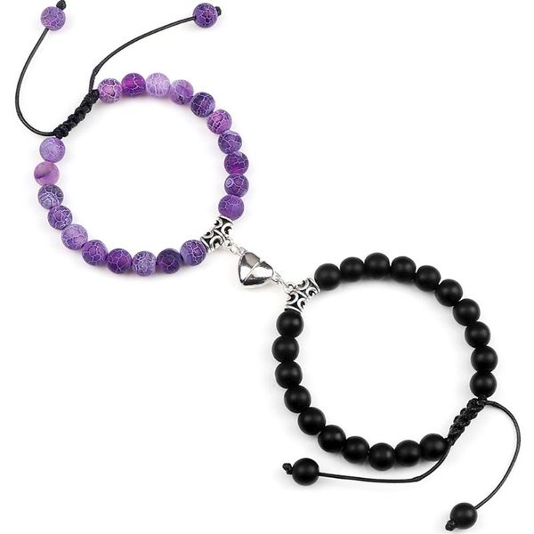 

beaded, strands couple distance bracelets 2pcs/set natural stone beads braided bracelet lovers heart magnet adjustable bangle friend jewelry, Black