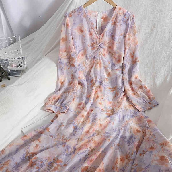 

summer arrival retro v-neck floral print dresses ladies vintage high waist slim chiffon elegant long dress 210513, Black;gray