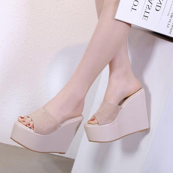 

high-heeled shoes lady ladies' slippers platform low flock on a wedge basic slides rome scandals pu rubber fabric hoof house, Black