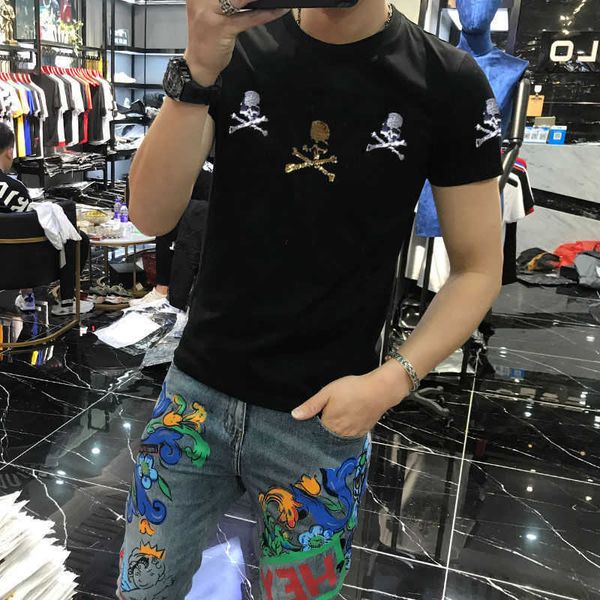 

w0627 / 3003 skull head embroidered sweater fashion korean style summer short sleeve, White;black