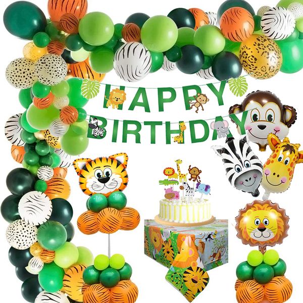 

44pcs/set jungle safari birthday balloon garland banner cake er tablecloth jungle party decoration animal balloon