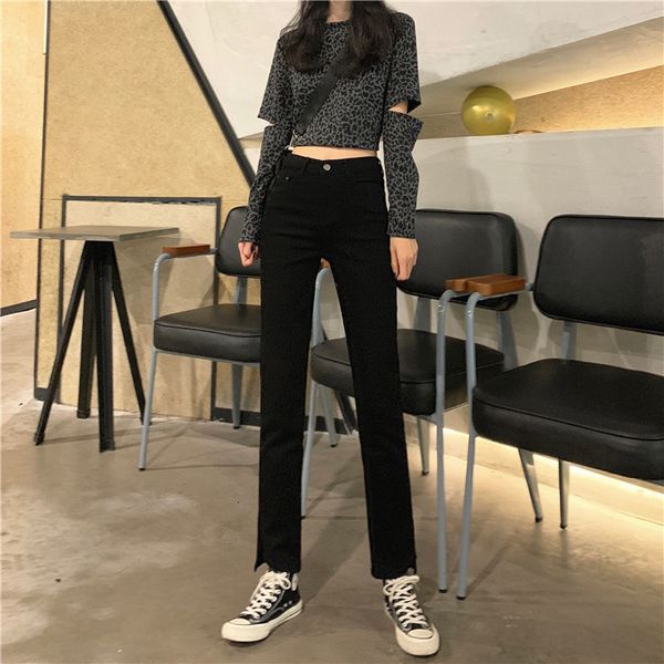 

jeans straight high waist mom button fly loose plus siz streetwear denim women vintage black jeans pants kw21 5g38, Blue
