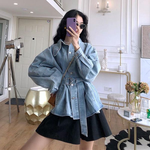 

women's jackets denim jacket women loose korean version 2021 retro hong kong flavor spring and autumn temperament belt thin coat, Black;brown