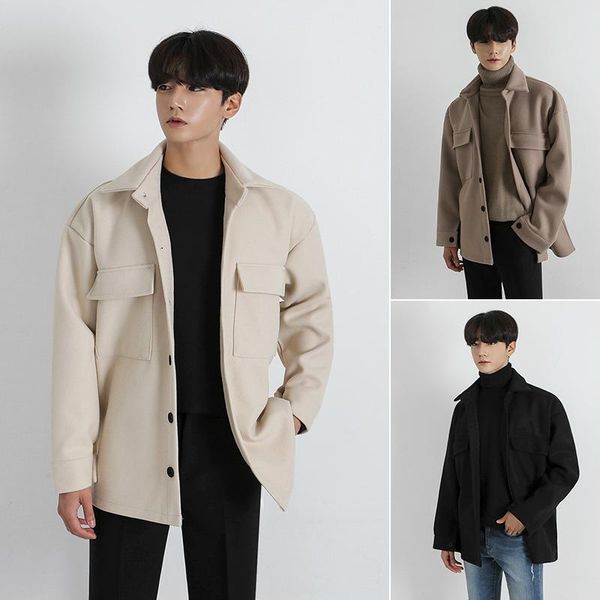 

men's wool & blends autumn and winter tooling woolen jacket men korean thickening trend coat short, Black
