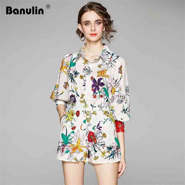 

banulin fashion autumn runway 2 pc pant set for women long sleeve floral blouse shirts + a-line mini short two piece 210603, White