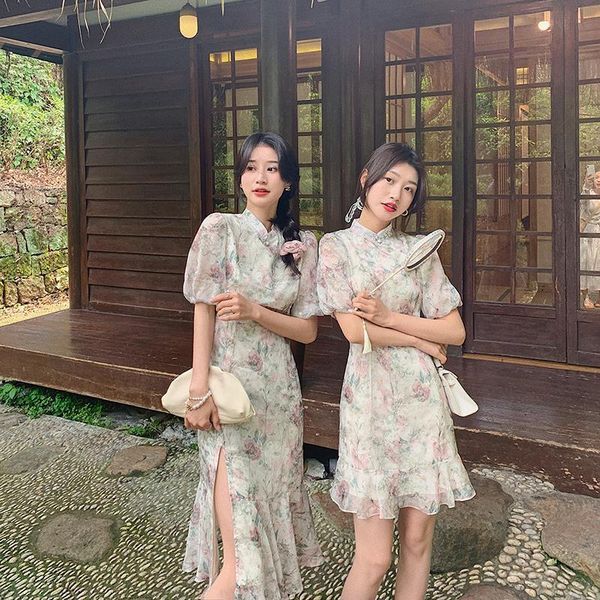 

xiaowang spring and summer 2021 product yanyu jiangnan ~ design sense long short printed skirt modified cheongsam dress two piece, White