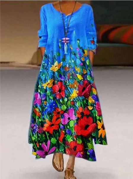 

spring floral print 5-sleeve dress for women, Black;gray