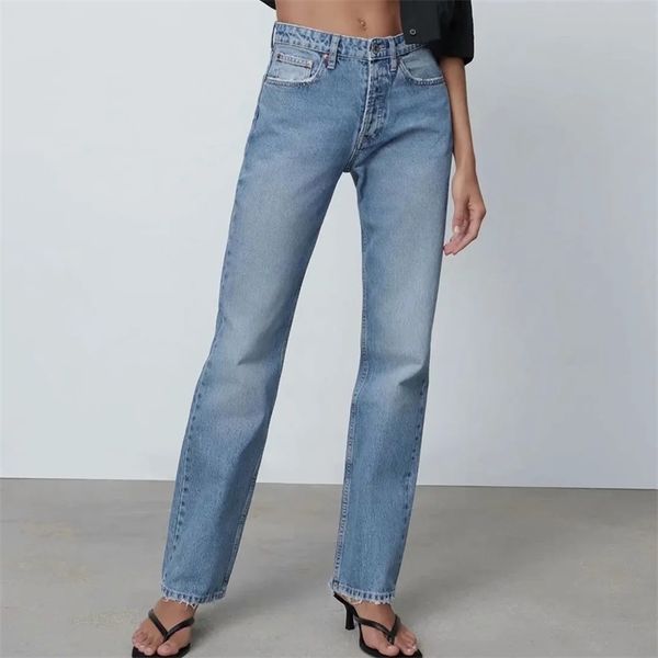 ZA Damen Hellblaue Boyfriend-Jeans mit geradem Bein, gewaschen, in voller Länge, mittlere Taille, Mom-Denim-Hose, Tasche, vielseitige Hose 210922