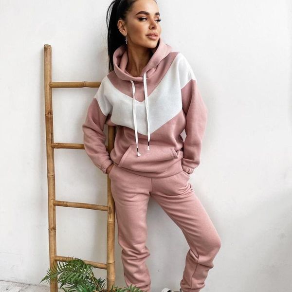 

women's two piece pants 2021 autumn set women tracksuit casual long sleeve hooded hoodies and elastic waist fashion patchwork sets, White