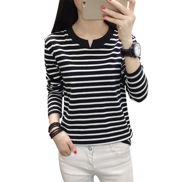 

women's t-shirt oversized spring korean striped v neck plus size 5xl casual loose female long sleeve cotton tshirt 210522, White