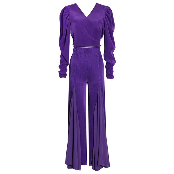 

[ewq ] women purple fashion summer style v-neck pleated bubble sleeve short shirt + split casual pants simple suit 16f1042 210510, White