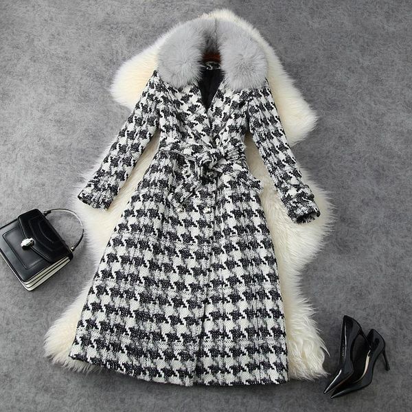 

women's wool & blends women plaid long winter coat fur collar thick double breasted high waist sashes midi, Black