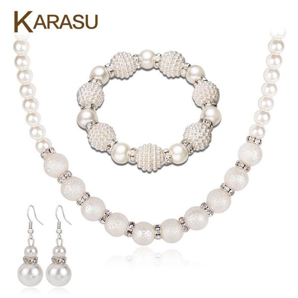 

earrings & necklace simple simulated pearls bracelet set rhinestones bridal jewelry sets for women wedding, Silver