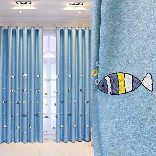

curtain & drapes modern fish embroidered blackout cartoon blue curtains for living room cute cotton and linen children's bedroom #4
