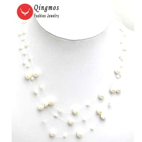 

pendant necklaces qingmos fashion 4-6mm round freshwater white natural pearl necklace for women with 3 strands starriness 18" chokers, Silver