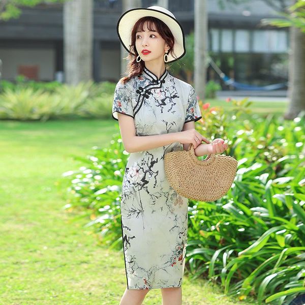 

print peony chinese classical lady cheongsam elegant slim mid-length cotton straight dress large size summer qipao ethnic clothing, Red