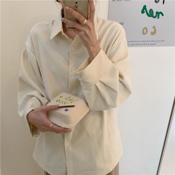 

women's blouses & shirts womens loose solid blouse long sleeve turn-down collar casual autumn spring, White