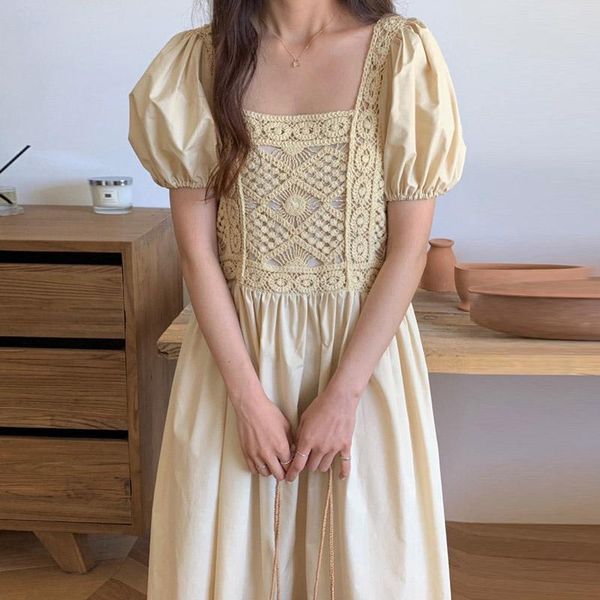 

party dresses [ewq] korea chic casual fashion square robe collar stitching lace puff sleeve loose apricot midi dress women summer 2021 16e31, White;black