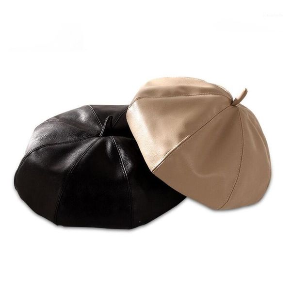 

berets women's faux leather beret hats girl ladies casual octagonal hat vintage french artist pumpkin cap, Blue;gray